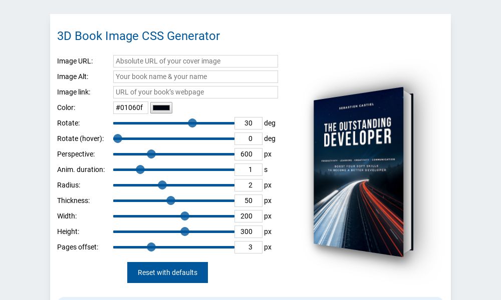 Screenshot of 3D Book Image CSS Generator