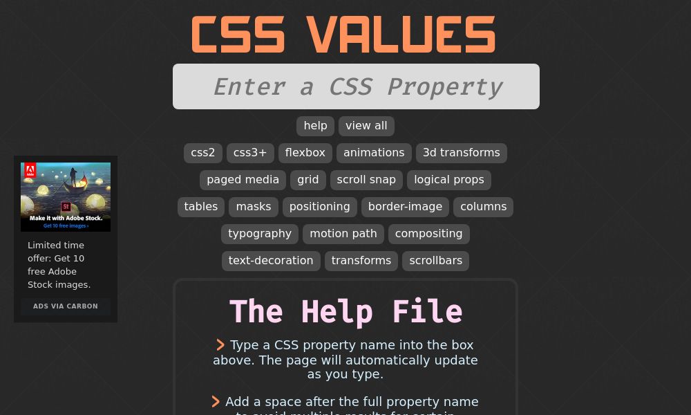 Screenshot of CSS values