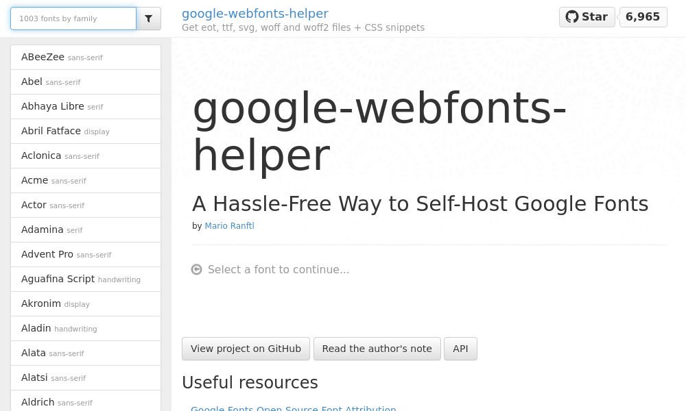Screenshot of google-webfonts-helper